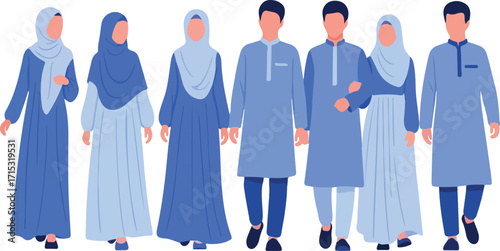 Group of muslim people walking together wearing traditional clothing in a light blue color palette, showcasing unity and cultural pride.