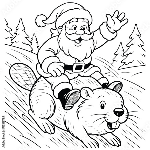 Santa Riding Beaver Down Icy Hill Coloring Page
