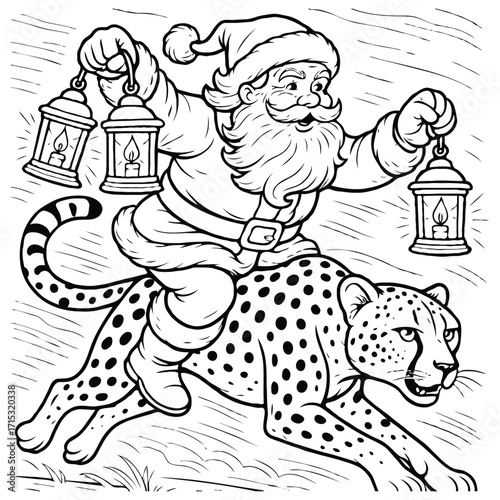 Santa Riding Cheetah with Glowing Lanterns Coloring Page