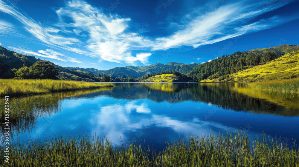 Fototapeta premium Vibrant blue sky with fluffy white clouds reflected in a serene mountain lake surrounded by lush green hills