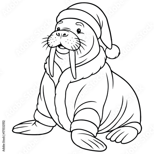Whimsical Walrus Santa Coloring Page for Christmas