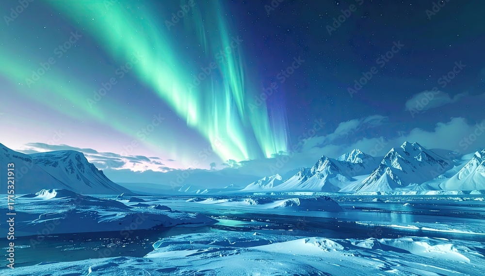 Naklejka premium Aurora Borealis over Snowy Mountains at Night
