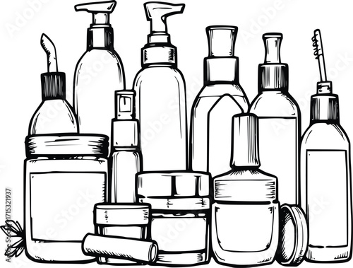Skin Care Bottles and Cream Jars Line Art 