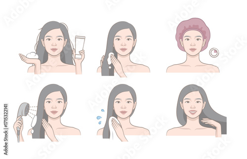 Adobe Illustrator ArtworkAsian woman hair care routine with conditioner treatment pack, washing, drying and soft shiny result