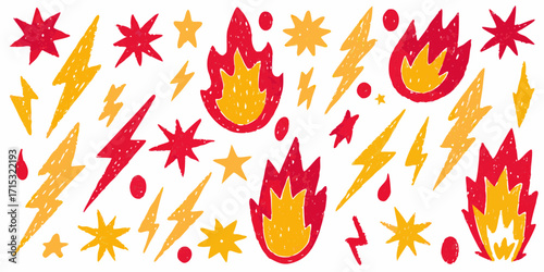 Hand drawn doodle style red and yellow lightning bolts stars and fire elements pattern
