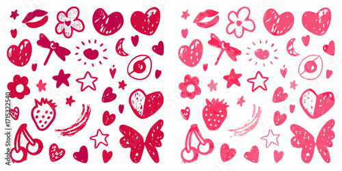 Collection of hand drawn romantic and cute doodle elements in shades of pink and red