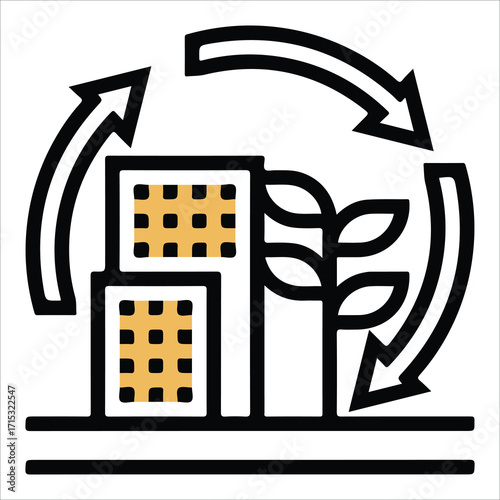 Eco Friendly Building Icon – Urban Sustainability with Green Leaf and Circular Arrows
