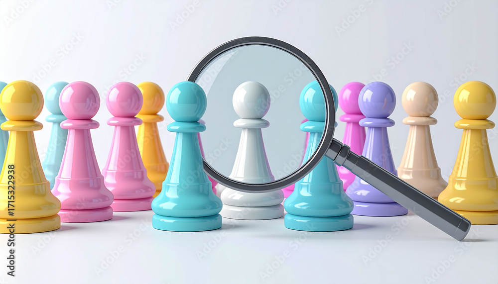 Obraz premium Pastel pawn magnifying glass focus individuality chess piece group blue yellow pink white standing selection leadership unique strategy teamwork arrangement closeup isolated concept decision