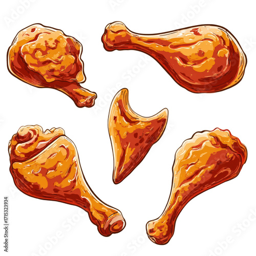 A delicious set of illustrated crispy fried chicken pieces.