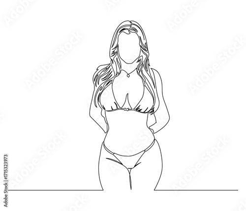 Continuous line drawing of a Girl with Bikini. Single line illustration of a Girl with bikini. Illustration, World Bikini Day Concept. Editable outline.