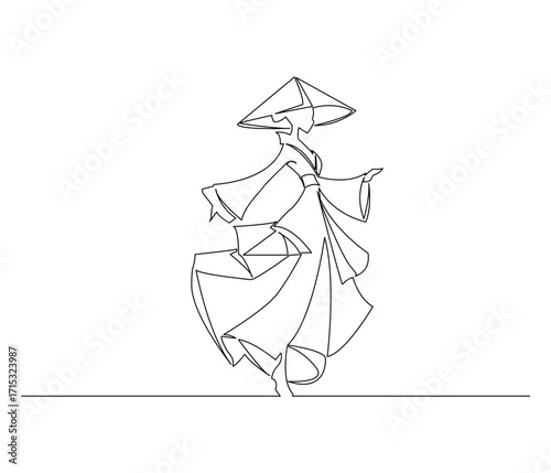 Continuous line drawing of a Dancing Girl with Traditional Japanese dress. Single line illustration of a Dancing Girl with Traditional Japane. Illustration, Traditional Concept. Editable outline.