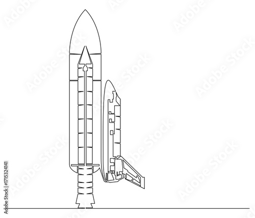 Continuous line drawing of a Space Shuttle. Single line illustration of a Space Shuttle. Illustration, World Space Day Concept. Editable outline