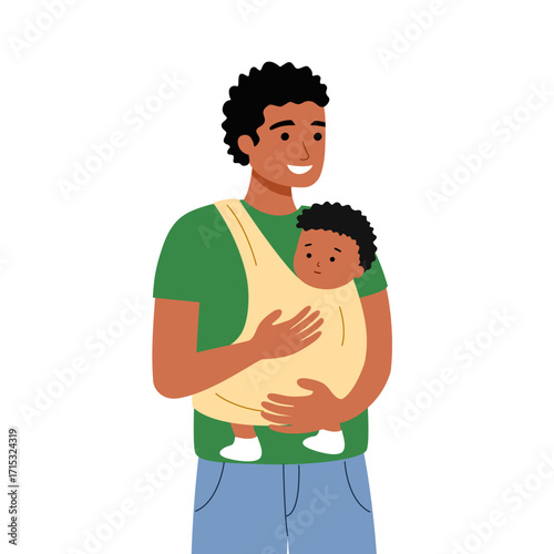 Happy young father carrying baby in sling. Man parent walking with infant, toddler in baby carrier wrap.