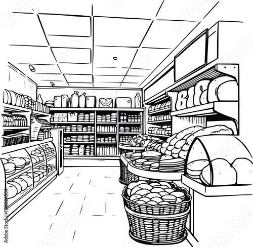 Traditional Bakery Interior Line Art Illustration 