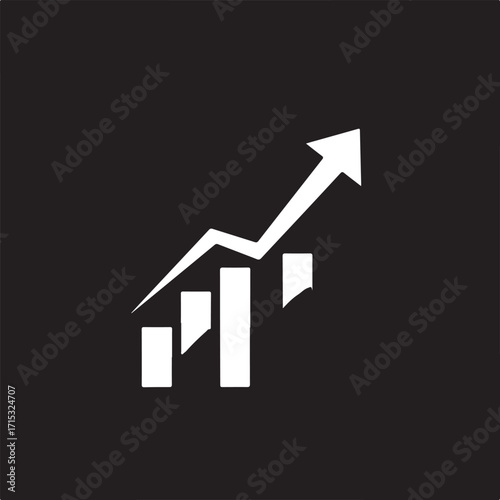 White bar chart with upward trending arrow on black background graph growth