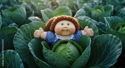A cabbage patch doll sitting in the middle of a real cabbage patch, blending in. A playful mix of reality and nostalgia.