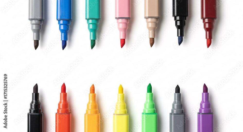 Fototapeta premium Vibrant collection of colorful markers neatly arranged on a clean white background, ready for creative projects
