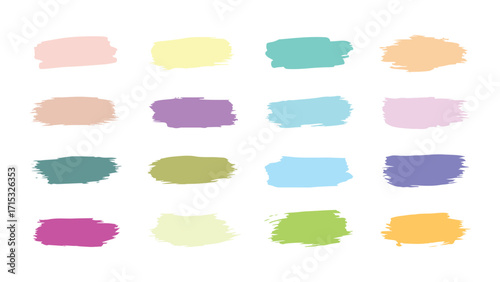 Pastel brushstroke swatch collection, sixteen abstract paint strokes, minimal design elements isolated on white background