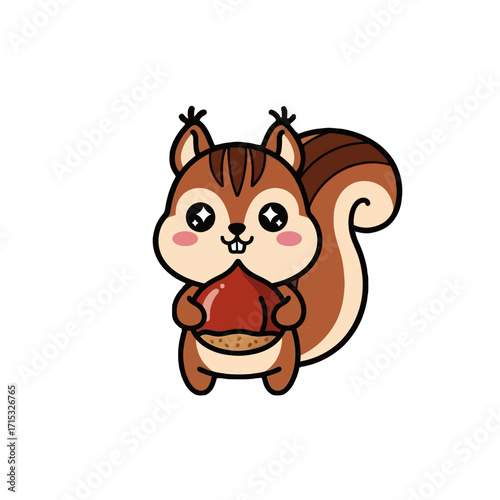 Cute cartoon fluffy squirrel holding large acorn, with big expressive eyes and bushy tail, set against clean transparent
