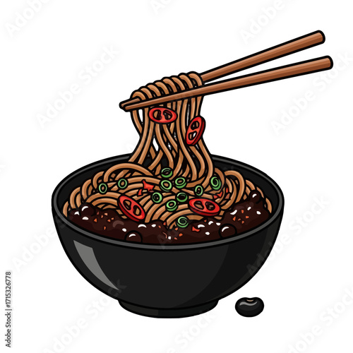 Delicious bowl noodles with chili and green onions, served with chopsticks
