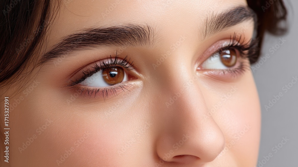 Fototapeta premium Close-Up View of Beautiful Eyes with Natural Makeup Highlighting Luscious Lashes and Warm Brown Irises