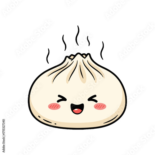 Cute cartoon steaming hot bao bun with happy face