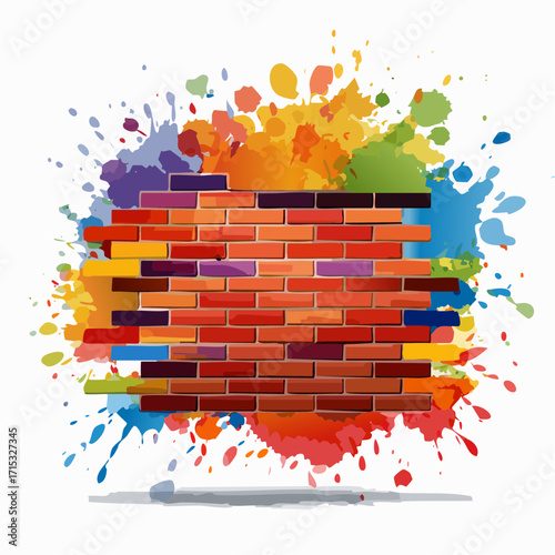 Colorful Paint Splatter on Brick Wall