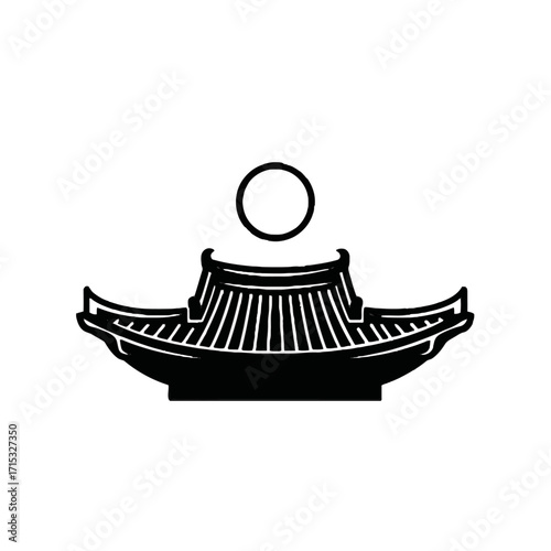 Stylized black silhouette traditional asian temple roof with circle above