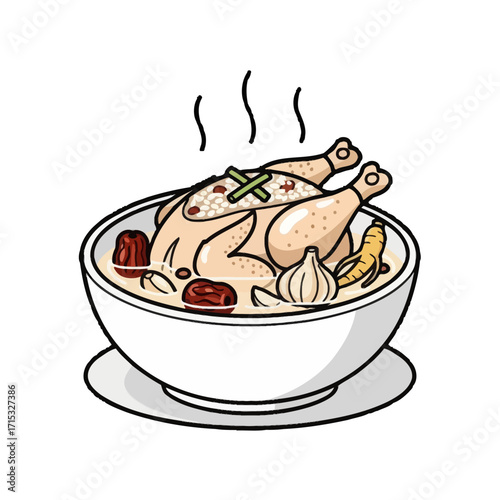 Steaming bowl korean samgyetang, traditional chicken soup with ginseng, jujubes, garlic, and rice