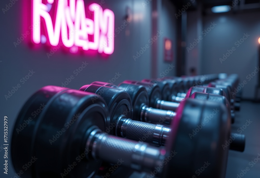 Fototapeta premium Row of metal dumbbells lined up in a dimly lit modern gym with neon lighting highlighting fitness