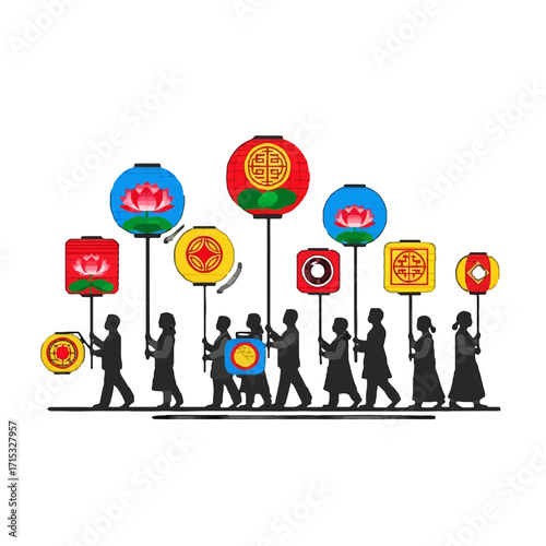 Silhouettes people walking in procession, holding various colorful traditional chinese lanterns with lotus and geometric patterns during festival or celebration