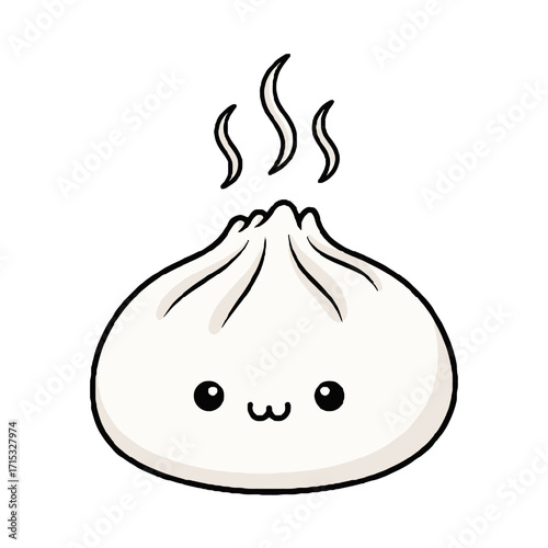 Cute, kawaiistyle steaming dumpling with happy face, featuring simple lines and cartoonish aesthetic, isolated on transparent