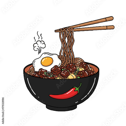 Delicious bowl steaming hot noodles with fried egg, meat, and chili pepper, served with chopsticks, representing hearty and flavorful asian meal