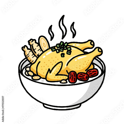 Delicious and healthy whole chicken soup with ginseng, jujubes, and ginger, served in bowl, isolated on transparent