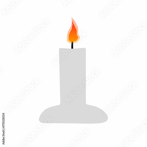 An illustration of a lit candle with a simple flat design. The candle has a grey body and a bright orange flame. Isolated on white background.