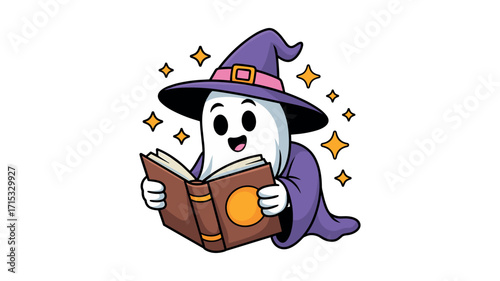 Cute cartoon ghost wizard reading a spell book with magic sparkles 