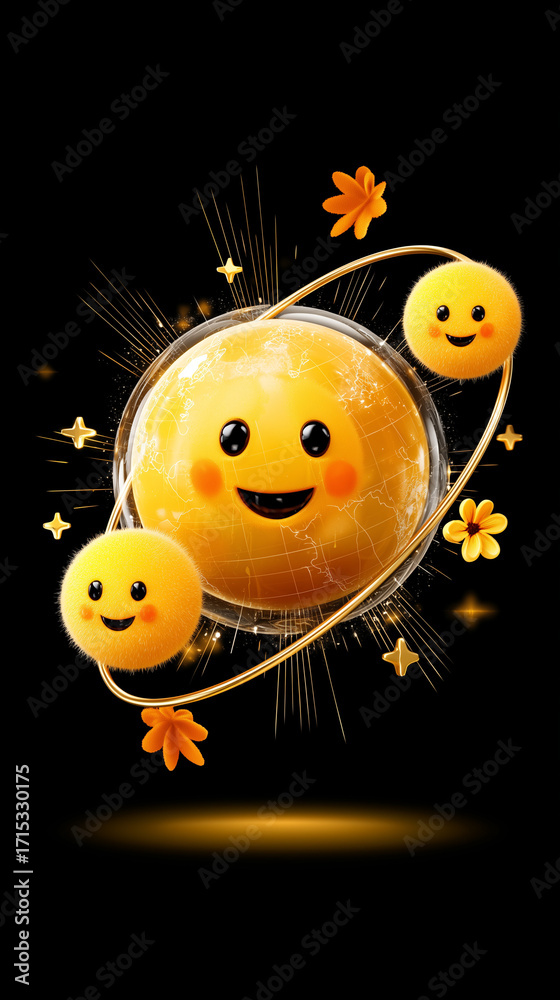 Naklejka premium AI Generated 3D Happy Smiley Spheres Orbiting a Globe
