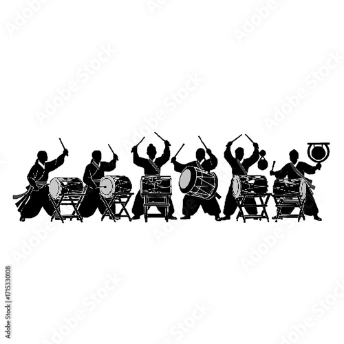 Silhouette group taiko drummers performing with their traditional japanese drums and sticks