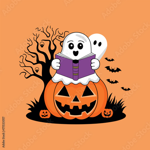 Cute ghost reading a book on a jack-o-lantern