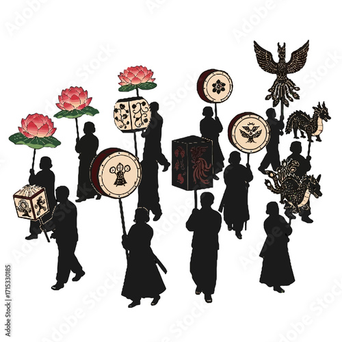 Silhouette people carrying traditional lanterns, lotus flowers, and mythical creatures in procession, possibly during festival or ceremony, against transparent