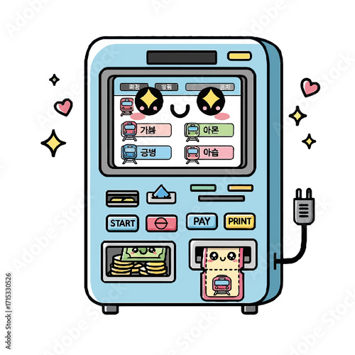 Adorable cartoon ticket machine with happy face, money, and ticket dispenser, ready for use