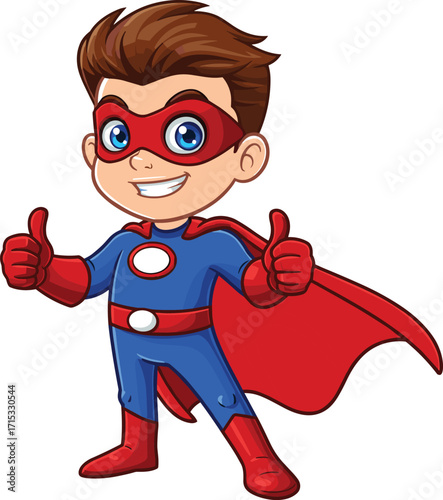 Cartoon superhero boy in red cape, blue suit, smiling, confident, children’s illustration, playful, inspiring, fun, heroic