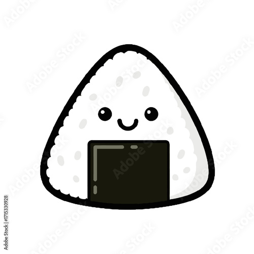 Cute cartoon onigiri rice ball character with happy face and seaweed wrapper
