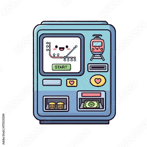 Cute cartoon vending machine with happy face, displaying subway map and train, with coins and banknotes