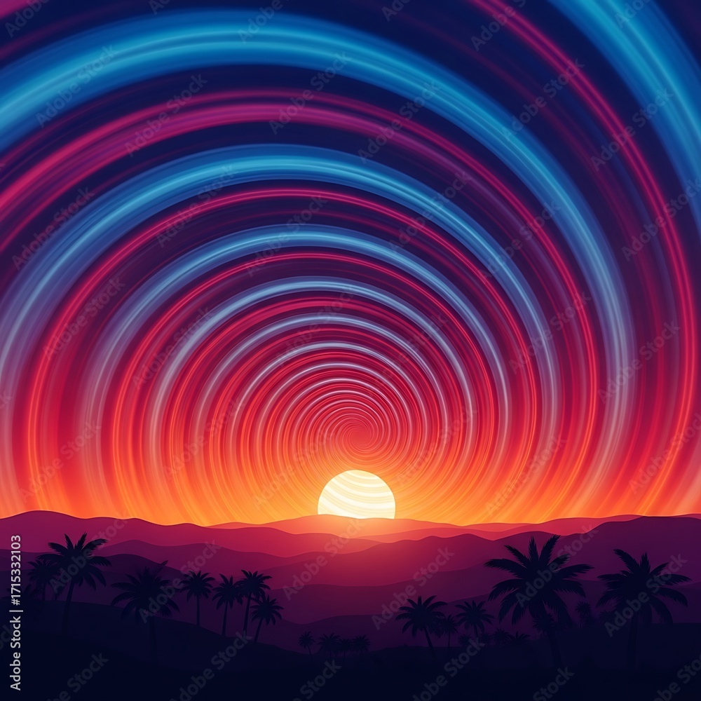 Naklejka premium A vibrant, swirling sunset landscape with concentric rings of colorful light, creating a hypnotic and dynamic effect.
