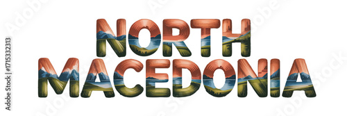 North Macedonia Landscape Typography Illustration – Scenic Mountains, Lakes and Nature Embedded in Bold Lettering Art