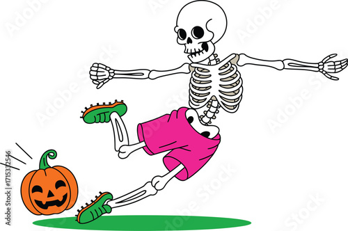 Cartoon skeleton kicking a jack o lantern on green grass