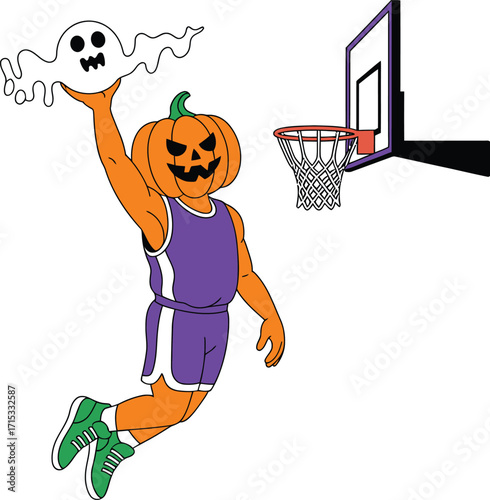 Jack-o-lantern basketball player dunking ghost halloween