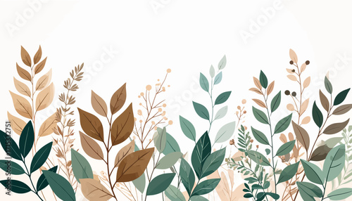 Botanical illustration of diverse plants and leaves.