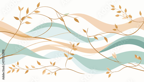 Elegant Wavy Background with Golden Twigs and Leaves.
